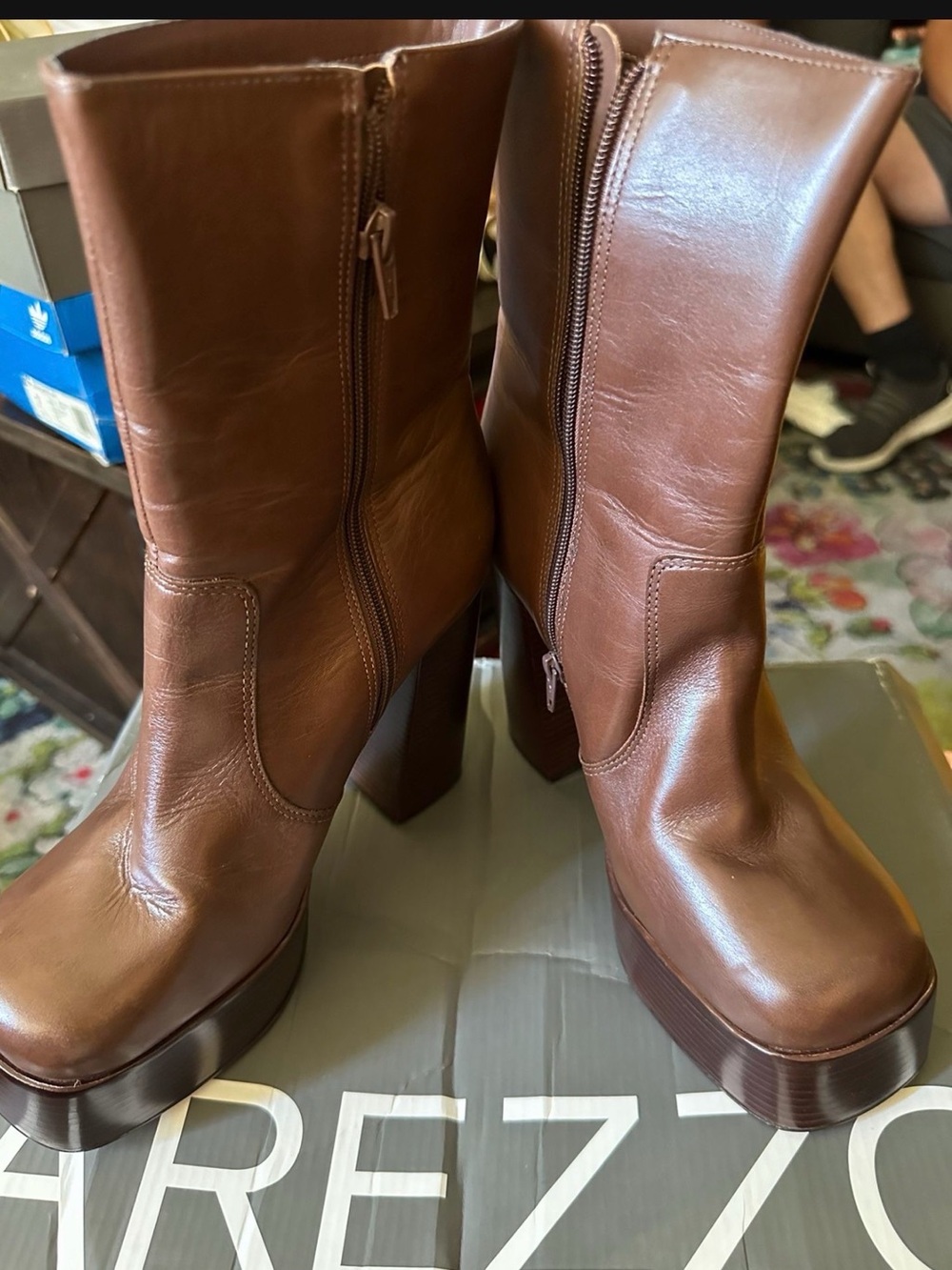 Women's Brown Platform Block Heel Mid-Calf Boots by